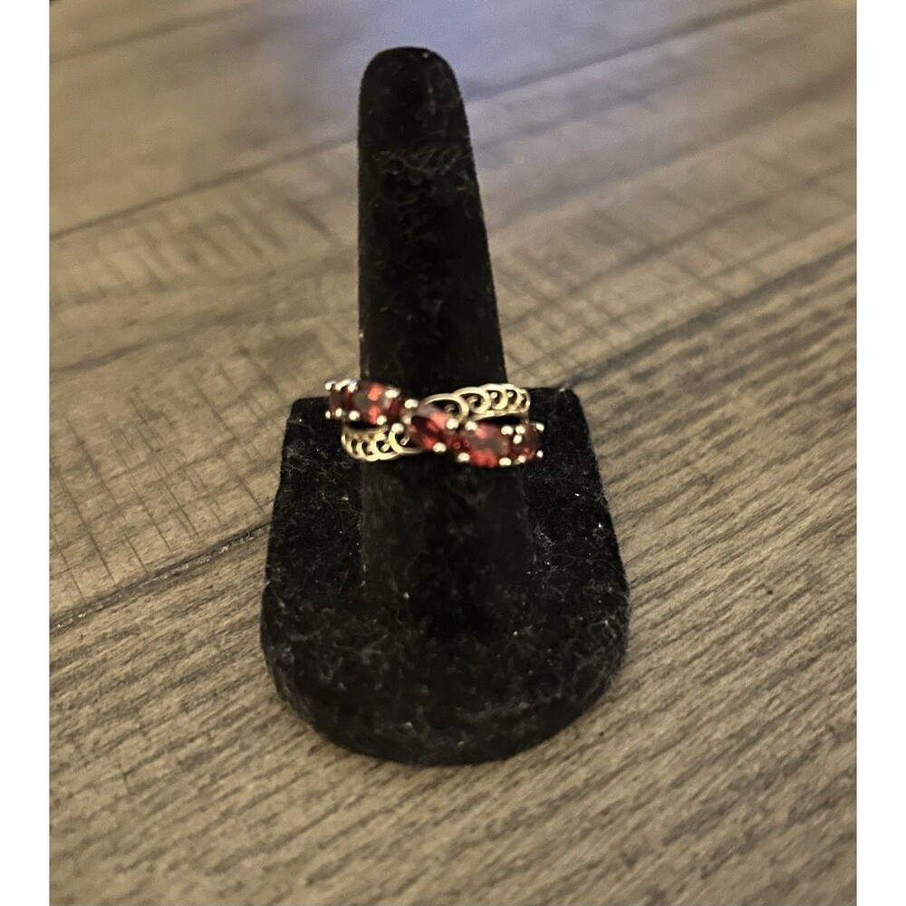 Signed Gold Over Silver Garnet 5 Stone Swirl Overlap Ring Size 6, 3.5g